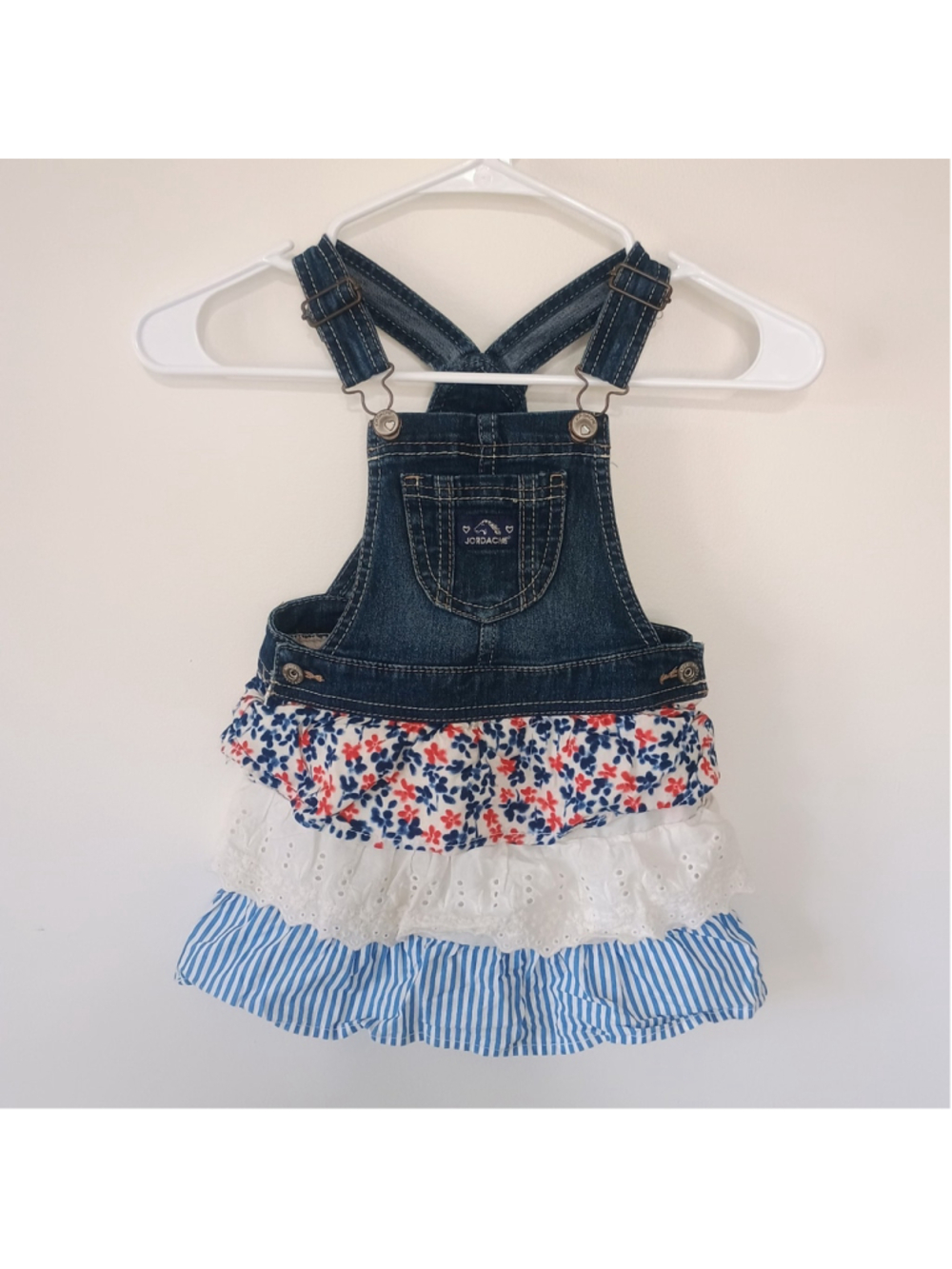 Jordache Bib Overalls Denim Top Ruffled Bottom Jumper Dress Patriotic Size 4T